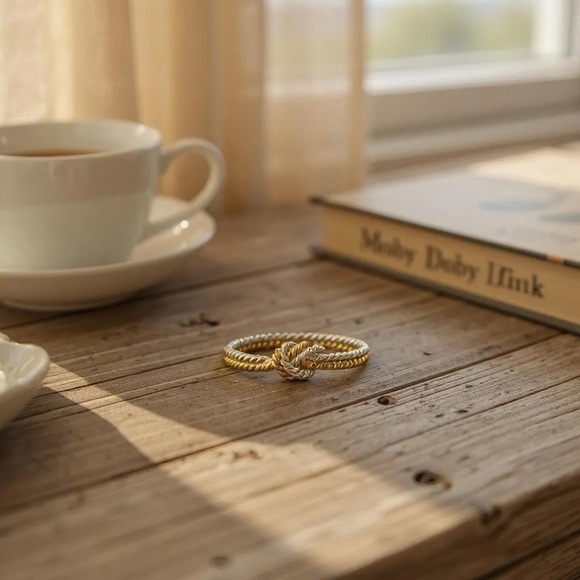 Minimalist Rope Style Gold and Silver Two-Tone Knot Ring Multiple Sizes - Picture 4 of 4